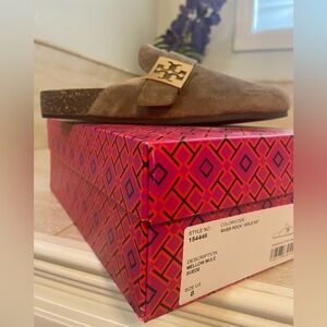Tory Burch River Rock Suede Mules with Gold Accent